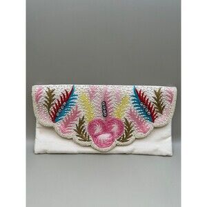 Vintage Faux Silk White Pink Floral Beaded Clutch Bag Purse Chain Strap